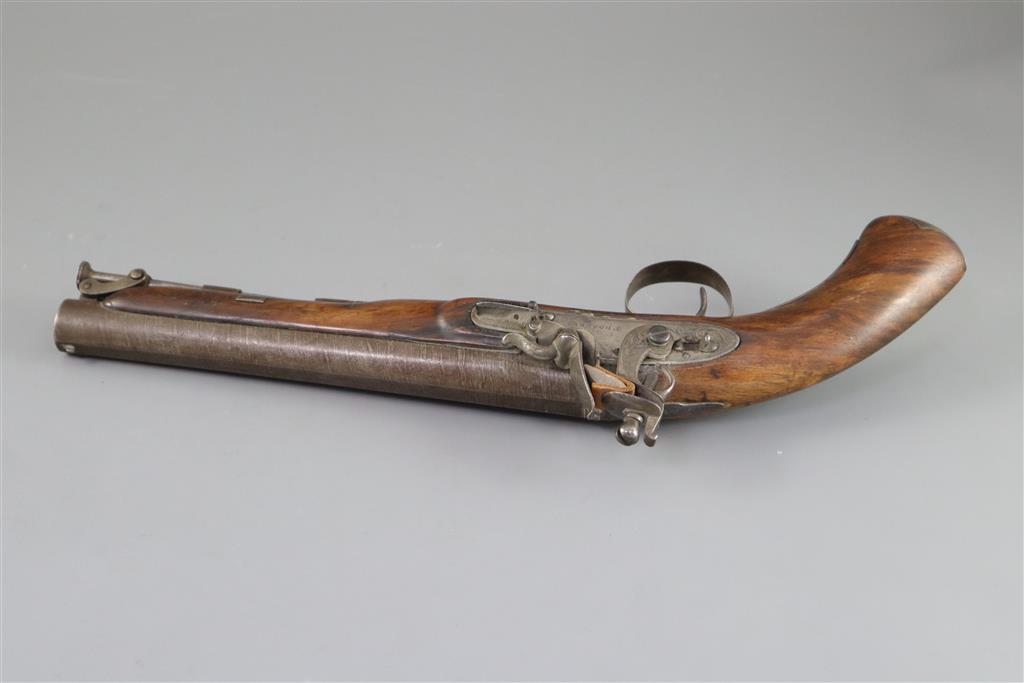 An early 19th century flintlock holster pistol, signed Prosser, length 15in.